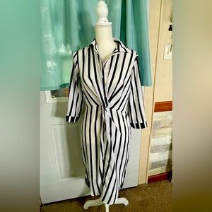 Woman’s button down blue and white striped dress